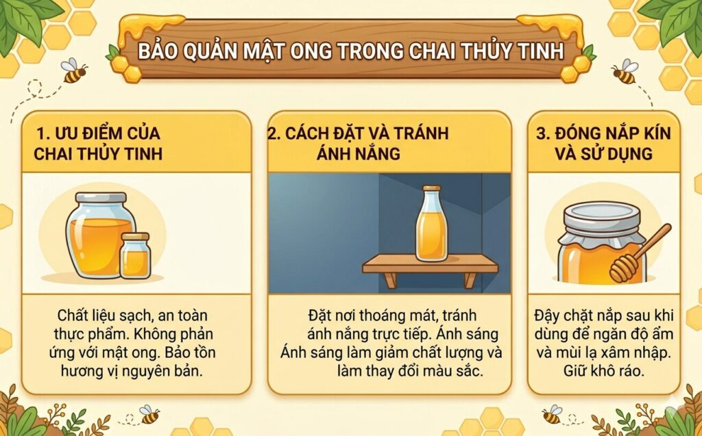 bảo quản mật ong trong chai thủy tinh